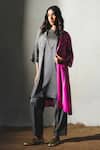 Buy_Basil Leaf_Gray Crepe, Linen, Silk Open Neck, Round Dual Tone Printed Jacket And Kurta Set _at_Aza_Fashions