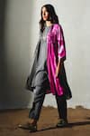 Shop_Basil Leaf_Gray Crepe, Linen, Silk Open Neck, Round Dual Tone Printed Jacket And Kurta Set _Online_at_Aza_Fashions