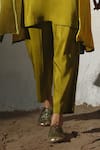 Basil Leaf_Yellow Crepe, Linen, Silk Open , Round Printed Jacket And Kurta Set _Online_at_Aza_Fashions
