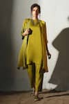 Buy_Basil Leaf_Yellow Crepe, Linen, Silk Open , Round Printed Jacket And Kurta Set _Online_at_Aza_Fashions