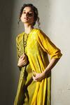 Shop_Basil Leaf_Yellow Crepe, Linen, Silk Open , Round Printed Jacket And Kurta Set _Online_at_Aza_Fashions