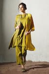 Basil Leaf_Yellow Crepe, Linen, Silk Open , Round Printed Jacket And Kurta Set _at_Aza_Fashions