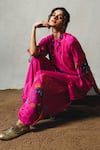 Shop Basil Leaf Pink Chiffon, Linen, Silk Sequins, Embroidery, Pom-poms Printed Kurta And Pant Set Online at Aza Fashions Shop_Basil Leaf_Pink Chiffon, Linen, Silk Sequins, Embroidery, Pom-poms Printed Kurta And Pant Set _Online_at_Aza_Fashions