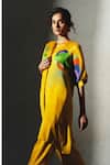 Basil Leaf_Yellow Linen, Silk, Shantoon Beads Round Neck, Split Printed Kurta And Pant Set _at_Aza_Fashions