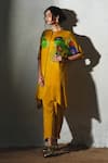 Buy_Basil Leaf_Yellow Linen, Silk, Shantoon Beads Round Neck, Split Printed Kurta And Pant Set _at_Aza_Fashions