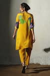 Shop_Basil Leaf_Yellow Linen, Silk, Shantoon Beads Round Neck, Split Printed Kurta And Pant Set 