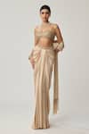 Buy_Vvani By Vani Vats_Beige Georgette, Satin Mirrors, Beads Sweetheart Neck Blouse And Draped Skirt Set _at_Aza_Fashions