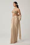 Vvani By Vani Vats_Beige Georgette, Satin Mirrors, Beads Sweetheart Neck Blouse And Draped Skirt Set _Online_at_Aza_Fashions