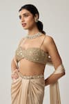 Vvani By Vani Vats_Beige Georgette, Satin Mirrors, Beads Sweetheart Neck Blouse And Draped Skirt Set _at_Aza_Fashions
