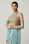 Buy_Vvani By Vani Vats_Gold Georgette, Satin Mirrors, Embroidery High Neck, Blouse And Draped Skirt Set 