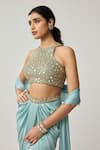 Shop_Vvani By Vani Vats_Gold Georgette, Satin Mirrors, Embroidery High Neck, Blouse And Draped Skirt Set 