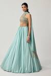 Vvani By Vani Vats_Sky Blue Satin, Georgette Mirrors, Beads High Neck, Work Blouse Lehenga Set _Online_at_Aza_Fashions