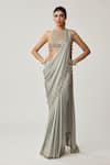 Vvani By Vani Vats_Gray Satin, Georgette Tassels, Piping, Mirrors, Pre-draped Saree With Blouse _Online_at_Aza_Fashions
