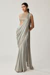 Buy_Vvani By Vani Vats_Gray Satin, Georgette Tassels, Piping, Mirrors, Pre-draped Saree With Blouse _Online_at_Aza_Fashions