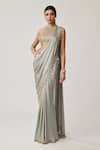 Shop_Vvani By Vani Vats_Gray Satin, Georgette Tassels, Piping, Mirrors, Pre-draped Saree With Blouse _Online_at_Aza_Fashions