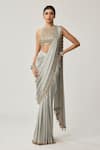 Buy_Vvani By Vani Vats_Gray Satin, Georgette Tassels, Piping, Mirrors, Pre-draped Saree With Blouse _at_Aza_Fashions