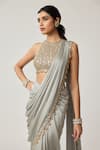 Vvani By Vani Vats_Gray Satin, Georgette Tassels, Piping, Mirrors, Pre-draped Saree With Blouse _at_Aza_Fashions