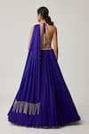 Shop_Vvani By Vani Vats_Blue Satin, Georgette Studs, Mirrors, Beads, Tassels Work Blouse Lehenga Set _at_Aza_Fashions