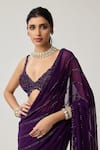 Vvani By Vani Vats Purple Georgette Crystals, Beads V-neck Saree With Embroidered Blouse at Aza Fashions Vvani By Vani Vats_Purple Georgette Crystals, Beads V-neck Saree With Embroidered Blouse _at_Aza_Fashions