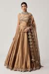 Vvani By Vani Vats_Brown Organza Mirrors, Sequins Sweetheart Copper Tissue Geometry Lehenga Set _Online_at_Aza_Fashions