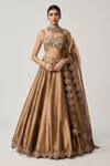 Buy_Vvani By Vani Vats_Brown Organza Mirrors, Sequins Sweetheart Copper Tissue Geometry Lehenga Set _at_Aza_Fashions