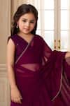 Petite Pomme_Wine Georgette Lace, Sequins Classic Ruffle Hem Pre-draped Saree With Blouse _at_Aza_Fashions