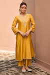 Dohr India_Mustard Cotton, Silk, Organza Embroidery, Sequins, Zeenat Kurta And Palazzo Set _Online_at_Aza_Fashions