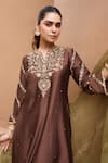 Dohr India_Brown Cotton, Silk, Organza Embroidery, Zari, Sequins Split Zeenat Kurta Set _Online_at_Aza_Fashions