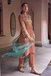 Dohr India Rust Tissue, Organza, Silk Embroidery, Beads, Sultana And High-low Kurta Set Online at Aza Fashions Dohr India_Rust Tissue, Organza, Silk Embroidery, Beads, Sultana And High-low Kurta Set _Online_at_Aza_Fashions