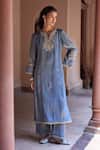 Dohr India Cobalt Tissue, Kota Doria Zari, Sequins, Lace, Divani Floral Kurta Set Online at Aza Fashions Dohr India_Cobalt Tissue, Kota Doria Zari, Sequins, Lace, Divani Floral Kurta Set _Online_at_Aza_Fashions
