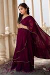 Shop_Petite Pomme_Wine Georgette Lace, Sequins Classic Ruffle Hem Pre-draped Saree With Blouse _Online_at_Aza_Fashions