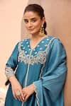 Dohr India_Cobalt Silk, Cotton, Silk, Embroidery, Falak Choga Kurta Set _Online_at_Aza_Fashions