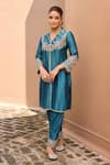 Buy_Dohr India_Cobalt Silk, Cotton, Silk, Embroidery, Falak Choga Kurta Set _Online_at_Aza_Fashions