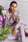 Mahima Mahajan_Lilac Linen, Satin Embroidery, Beads Sami Fanah Print Hand Sherwani Kurta Set _Online_at_Aza_Fashions
