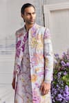 Shop_Mahima Mahajan_Lilac Linen, Satin Embroidery, Beads Sami Fanah Print Hand Sherwani Kurta Set _Online_at_Aza_Fashions