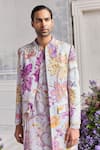 Mahima Mahajan_Lilac Linen, Satin Embroidery, Beads Sami Fanah Print Hand Sherwani Kurta Set _at_Aza_Fashions