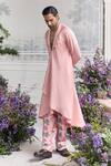 Shop Mahima Mahajan Pink Linen, Satin Akram Angrakha Kurta And Quilted Trouser Set Online at Aza Fashions Shop_Mahima Mahajan_Pink Linen, Satin Akram Angrakha Kurta And Quilted Trouser Set _Online_at_Aza_Fashions