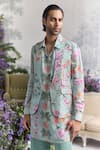 Buy_Mahima Mahajan_Green Linen, Satin Embroidery Saim Fanah Print Hand Bundi Kurta Set _Online_at_Aza_Fashions