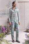 Shop_Mahima Mahajan_Green Linen, Satin, Organza Nizar Fanah Print Shirt And Trouser Set _Online_at_Aza_Fashions