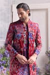 Buy_Mahima Mahajan_Red Linen, Satin Embroidery Nawaf Panelled Fanah Print Sherwani Set _Online_at_Aza_Fashions