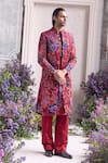 Shop_Mahima Mahajan_Red Linen, Satin Embroidery Nawaf Panelled Fanah Print Sherwani Set _Online_at_Aza_Fashions