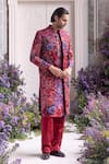 Buy_Mahima Mahajan_Red Linen, Satin Embroidery Nawaf Panelled Fanah Print Sherwani Set _at_Aza_Fashions