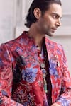 Mahima Mahajan_Red Linen, Satin Embroidery Nawaf Panelled Fanah Print Sherwani Set _at_Aza_Fashions