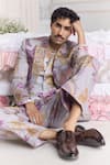 Mahima Mahajan_Lilac Satin, Organza, Linen Embroidery Aamil Quilted Hand Blazer Trouser Set _at_Aza_Fashions