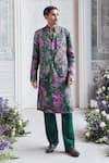 Shop_Mahima Mahajan_Green Linen, Satin Embroidery Mehtab Fanah Print Hand Bundi Kurta Set _Online_at_Aza_Fashions