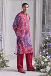 Buy_Mahima Mahajan_Red Linen, Satin Embroidery, Arham Panelled Fanah Print Bundi Kurta Set _at_Aza_Fashions