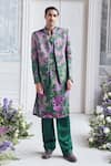 Shop_Mahima Mahajan_Green Linen, Satin Embroidery Harun Fanah Print Hand Blazer _at_Aza_Fashions