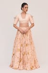 Shop_Ruchi Marodia_Peach Bamboo, Cotton, Organza Zari, Embroidery, Krishna Kamal Print Lehenga Set _Online_at_Aza_Fashions
