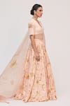 Ruchi Marodia_Peach Bamboo, Cotton, Organza Zari, Embroidery, Krishna Kamal Print Lehenga Set _at_Aza_Fashions