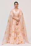 Buy_Ruchi Marodia_Peach Bamboo, Cotton, Organza Zari, Embroidery, Krishna Kamal Print Lehenga Set _at_Aza_Fashions